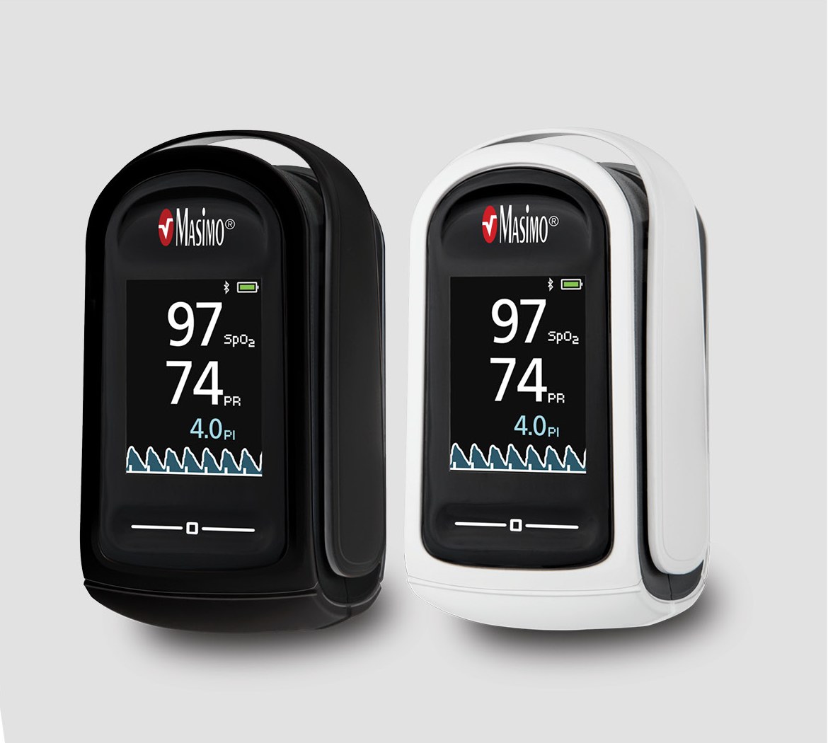 Masimo MightySat fingertip pulse oximeter devices showing SpO2 and pulse rate.